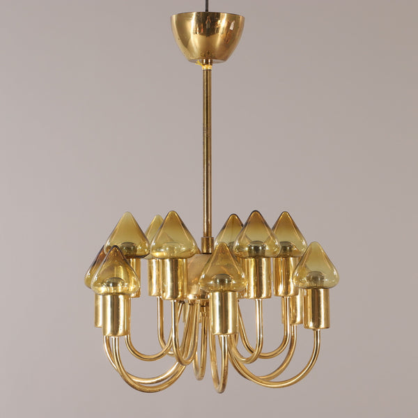Mid-Century Modern Hans-Agne Jakobsson Brass and Glass Model T 789/12 Chandelier, Sweden 1960's