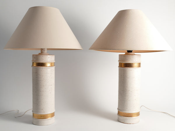 Italian Mid-century Modern White Ceramic Table Lamps with Gold Bands by Bitossi for Bergboms, Set of 2, 1970's