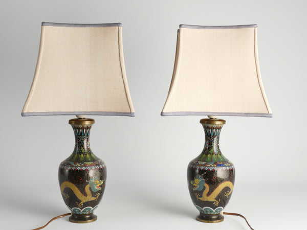 Late Qing Famille Noire Chinese Cloisonne Dragon Table Lamps