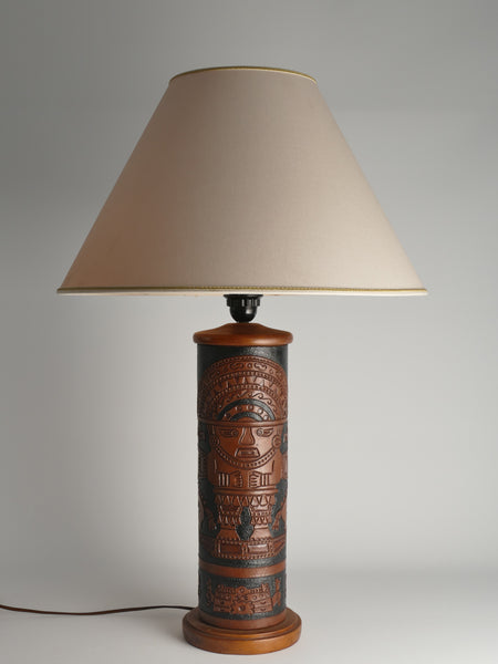 Mid-Century Modern Aztec Motif Hand Tooled Leather Table Lamp