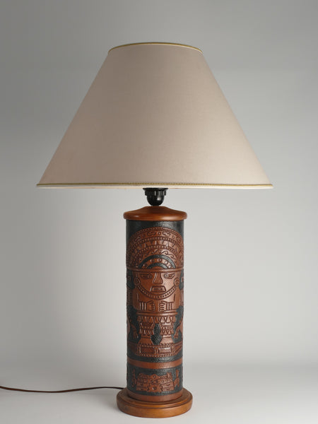 Mid-Century Modern Aztec Motif Hand Tooled Leather Table Lamp