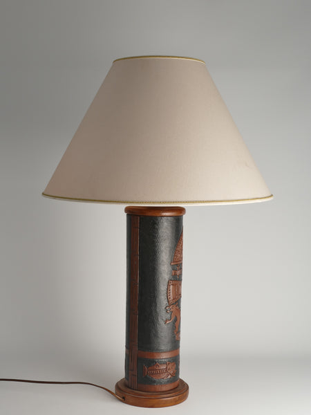 Mid-Century Modern Aztec Motif Hand Tooled Leather Table Lamp