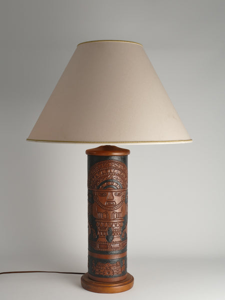 Mid-Century Modern Aztec Motif Hand Tooled Leather Table Lamp