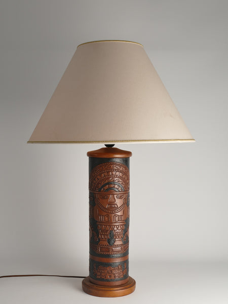 Mid-Century Modern Aztec Motif Hand Tooled Leather Table Lamp