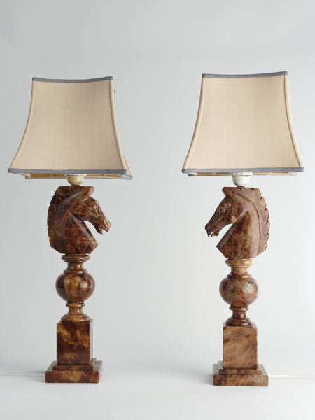 Hand-carved Brown Alabaster Knight Horse Head Table Lamps, Nordiska Kompaniet, Set of 2. 1970´s
