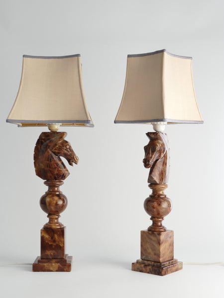 Hand-carved Brown Alabaster Knight Horse Head Table Lamps, Nordiska Kompaniet, Set of 2. 1970´s