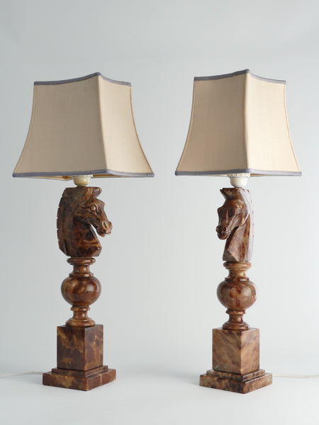 Hand-carved Brown Alabaster Knight Horse Head Table Lamps, Nordiska Kompaniet, Set of 2. 1970´s