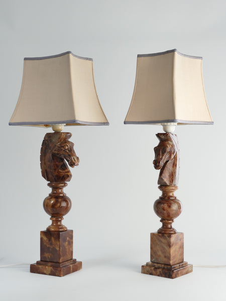 Hand-carved Brown Alabaster Knight Horse Head Table Lamps, Nordiska Kompaniet, Set of 2. 1970´s