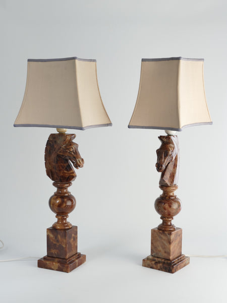 Hand-carved Brown Alabaster Knight Horse Head Table Lamps, Nordiska Kompaniet, Set of 2. 1970´s