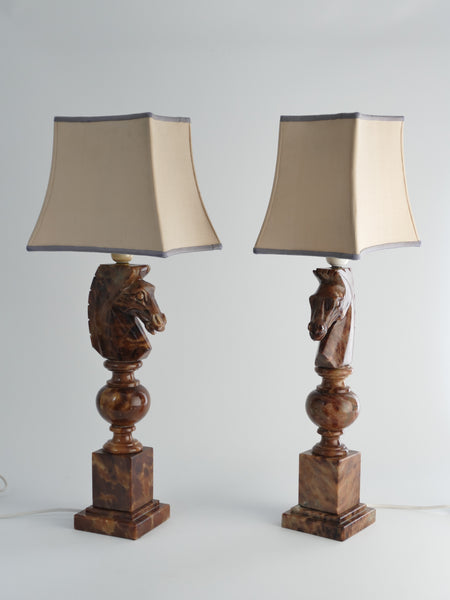 Hand-carved Brown Alabaster Knight Horse Head Table Lamps, Nordiska Kompaniet, Set of 2. 1970´s