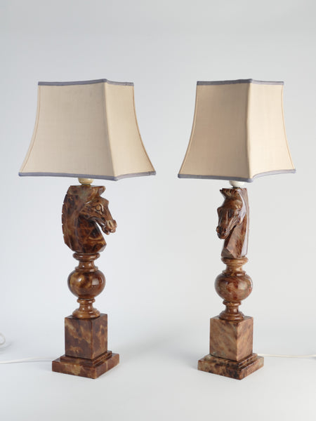 Hand-carved Brown Alabaster Knight Horse Head Table Lamps, Nordiska Kompaniet, Set of 2. 1970´s