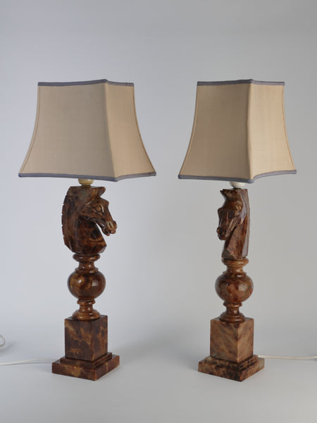 Hand-carved Brown Alabaster Knight Horse Head Table Lamps, Nordiska Kompaniet, Set of 2. 1970´s