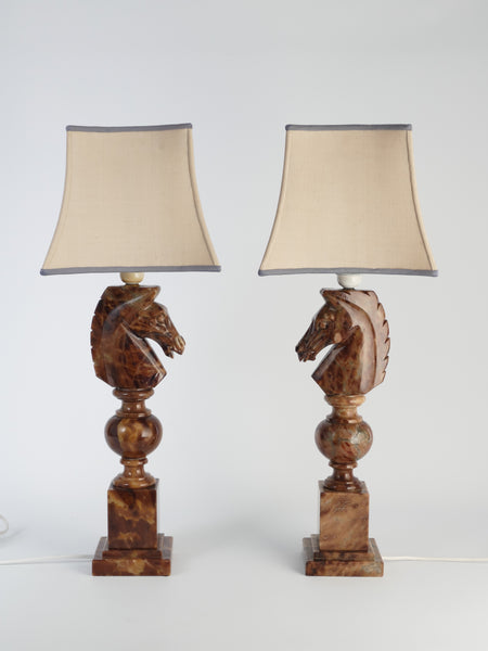 Hand-carved Brown Alabaster Knight Horse Head Table Lamps, Nordiska Kompaniet, Set of 2. 1970´s