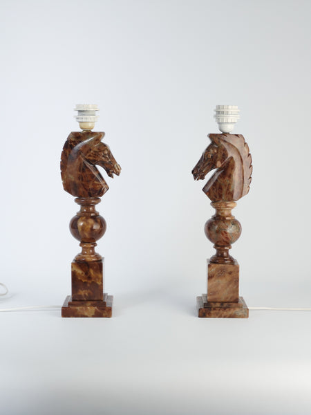 Hand-carved Brown Alabaster Knight Horse Head Table Lamps, Nordiska Kompaniet, Set of 2. 1970´s