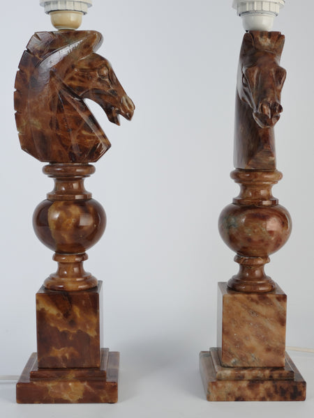 Hand-carved Brown Alabaster Knight Horse Head Table Lamps, Nordiska Kompaniet, Set of 2. 1970´s