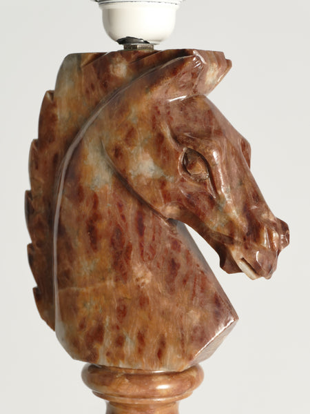 Hand-carved Brown Alabaster Knight Horse Head Table Lamps, Nordiska Kompaniet, Set of 2. 1970´s