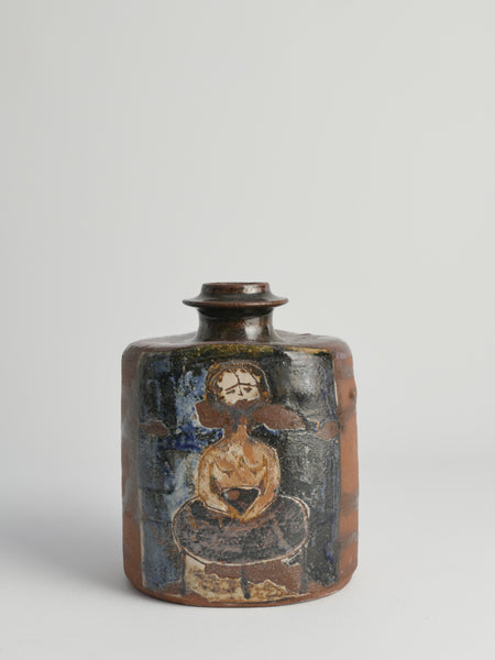 Earthenware Bottle Vase with Naive-Style Motifs