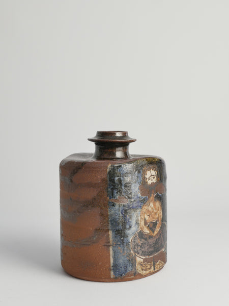 Earthenware Bottle Vase with Naive-Style Motifs