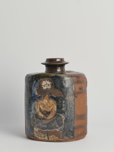 Earthenware Bottle Vase with Naive-Style Motifs