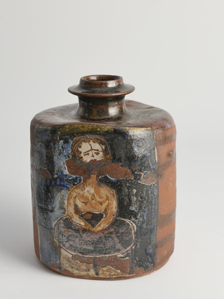 Earthenware Bottle Vase with Naive-Style Motifs