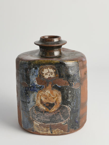 Earthenware Bottle Vase with Naive-Style Motifs