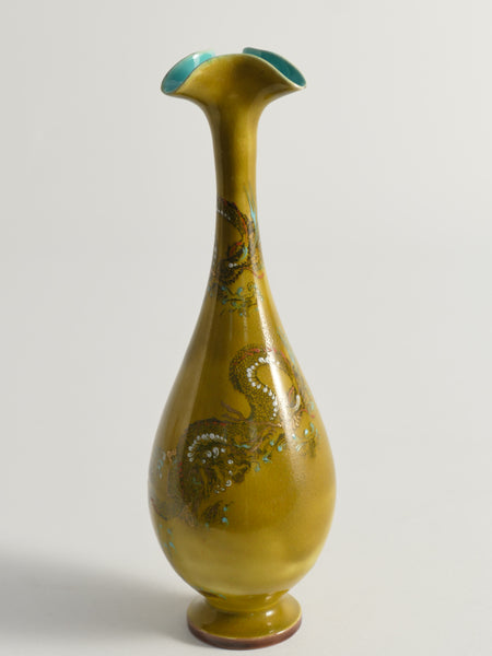 Chinoiserie Ochre Yellow Dragon Vase by Lambeth Doulton Faience, England 1880s