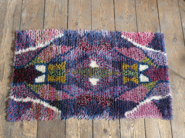Scandinavian Modern High Pile Geometric Handmade Wool Rya Rug, Sweden 1960s
