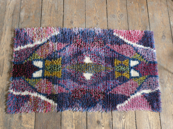 Scandinavian Modern High Pile Geometric Handmade Wool Rya Rug, Sweden 1960s