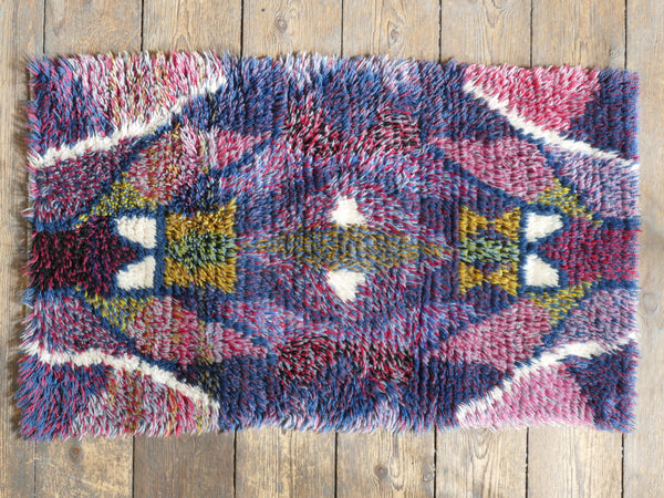 Scandinavian Modern High Pile Geometric Handmade Wool Rya Rug, Sweden 1960s