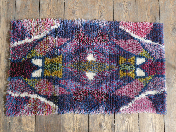Scandinavian Modern High Pile Geometric Handmade Wool Rya Rug, Sweden 1960s