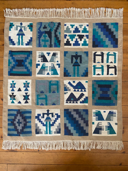 Gafsa Kilim Wall Hanging with Blue and Turquoise Figure Motifs