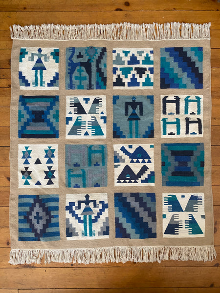 Gafsa Kilim Wall Hanging with Blue and Turquoise Figure Motifs