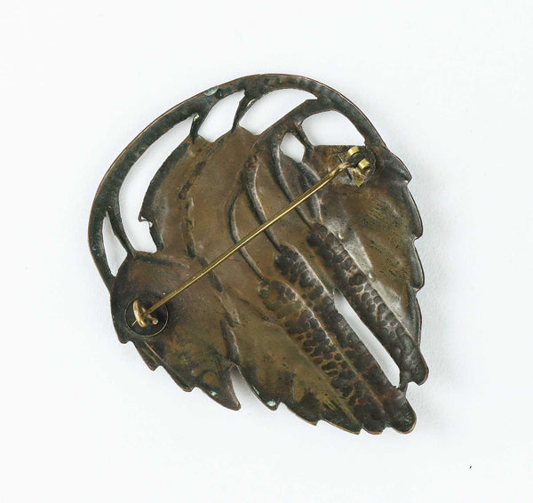 Early 20th Century Arts and Craft Copper Brooch of Birch leaves with Catkins, Sweden