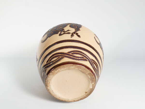 Vintage Ceramic Vase with Brown Bulls and Bands
