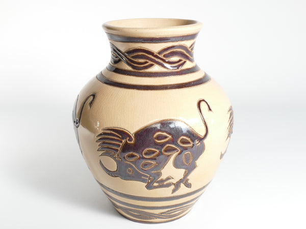 Vintage Ceramic Vase with Brown Bulls and Bands
