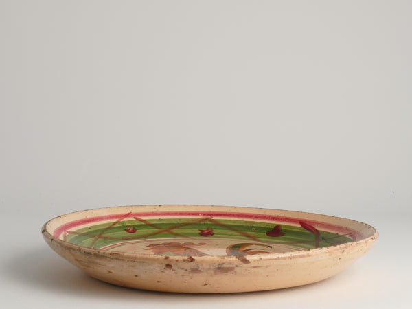 19th Century Swedish Folk Art Milk Bowl with Rooster Motif in Red, Green, and Brown