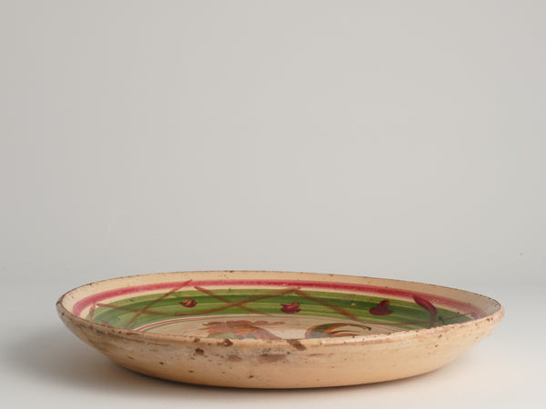 19th Century Swedish Folk Art Milk Bowl with Rooster Motif in Red, Green, and Brown