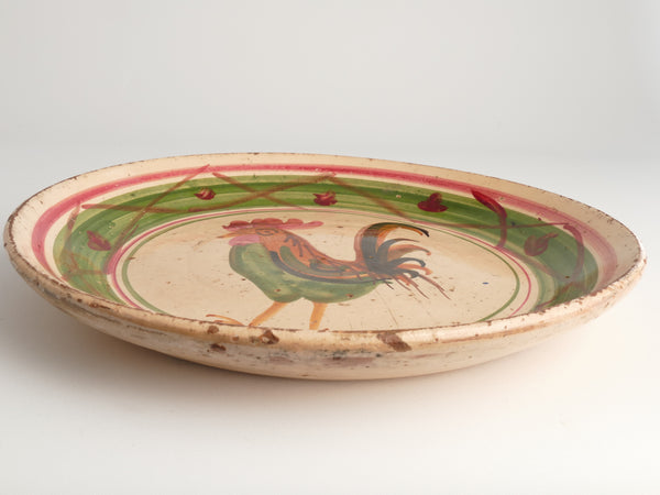 19th Century Swedish Folk Art Milk Bowl with Rooster Motif in Red, Green, and Brown