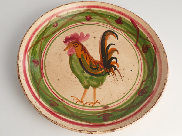 19th Century Swedish Folk Art Milk Bowl with Rooster Motif in Red, Green, and Brown