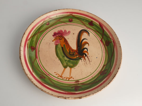 19th Century Swedish Folk Art Milk Bowl with Rooster Motif in Red, Green, and Brown