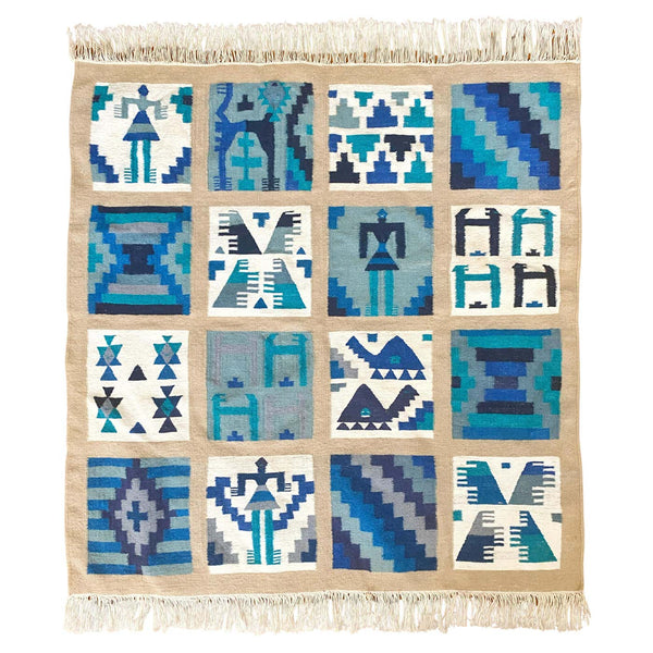 Gafsa Kilim Wall Hanging with Blue and Turquoise Figure Motifs